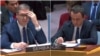 Președintele sârb Alexandr Vučić și premierul kosovar Albin Kurti, la o reuniune a Consiliului de Securitate al ONU, de la New York, 8 februarie 2024. 