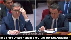 Președintele sârb Alexandr Vučić și premierul kosovar Albin Kurti, la o reuniune a Consiliului de Securitate al ONU, de la New York, 8 februarie 2024. 