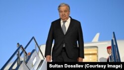 UN Secretary-General Antonio Guterres arrives on a visit to Kyrgyzstan on July 2.