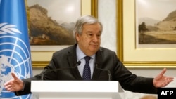 د ملګرو ملتونو عمومي منشي انتونیو ګوتېرېش يوې غونډې ته د وينا پر مهال. انځور له ارشيفه