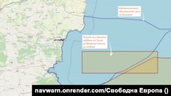 Карта на зоната в българската икономическа зона, в която Русия прави учения няколко месеца