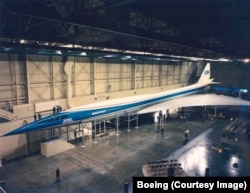 A wooden model of America’s version of a supersonic transport jet, photographed in 1970.