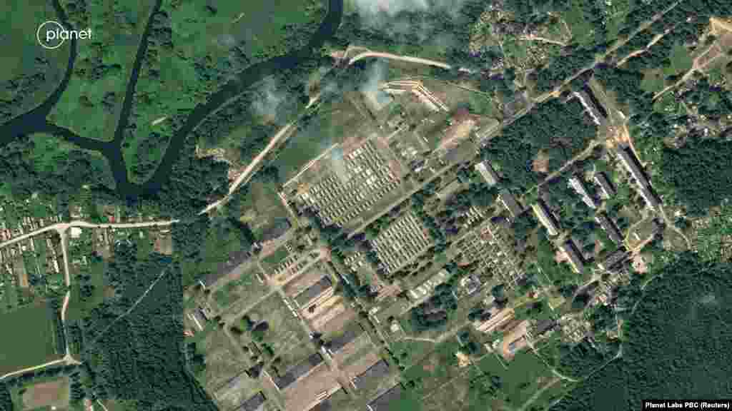 A satellite image of a military base in Tsel, Belarus, on July 16. The site is believed to be the main encampment of Wagner fighters after the Russian mercenary group abandoned an uprising against Russia's military leadership in June. 