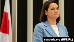 Svyatlana Tsikhanouskaya speaks at a conference in Warsaw on August 6.