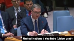 Predsednik Srbije Aleksandar Vučić na sednici Saveta bezbednosti Ujedinjenih nacija u Njujorku, 8. februara 2024. 