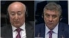 Netherlands -- Svetozar Andrić (L), who is under the investigation for war crimes, and Tomislav Kovač, accused of genocide, testifing in separate cases as defense witnesses at the International Criminal Tribunal for the former Yugoslavia, undated.