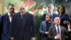 Делян Пеевски, Бойко Борисов, Тошко Йорданов, Костадин Костадинов, Корнелия Нинова и Ангел Джамбазки на фона на протеста срещу бежанския център в столичния квартал "Овча купел" от 12 март 2024 г. Колаж.