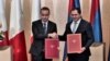 The defense ministers of Armenia and France take part in a joint press conference in Yerevan on February 23. 