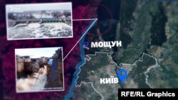 Розташування греблі Київського водосховища біля села Козаровичі, яка була пошкоджена для наповнення пойми річки Ірпінь