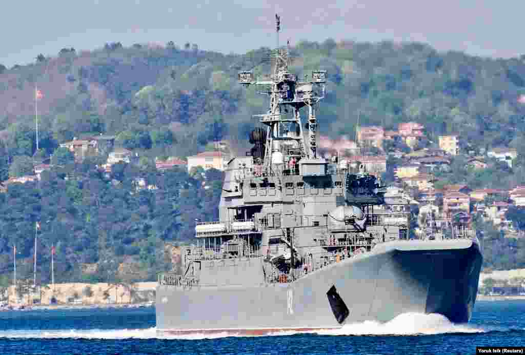 The Novocherkassk pictured in May 2021 as it sailed the Bosphorus. The Russian Defense Ministry, cited by the Interfax news agency, said Ukraine had used air-launched missiles to attack the Crimean port of Feodosia. 