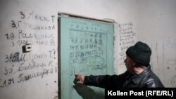 Ivan Polhuy shows the calendar of the month he and the rest of his village spent underground.