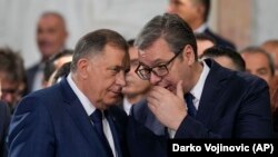 Milorad Dodik i Aleksandar Vučić tokom "Svesrpskog sabora" u Beogradu, 8. juna 2024. 