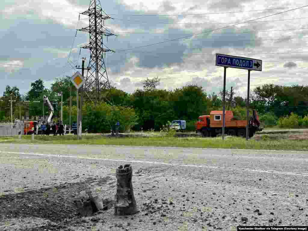 Damage seen near the border town of Gora Podol in the Belgorod region. 
