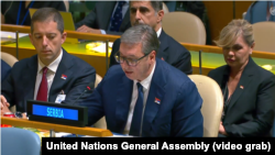 Serbian President Aleksandar Vucic speaks at the UN General Assembly on May 23.