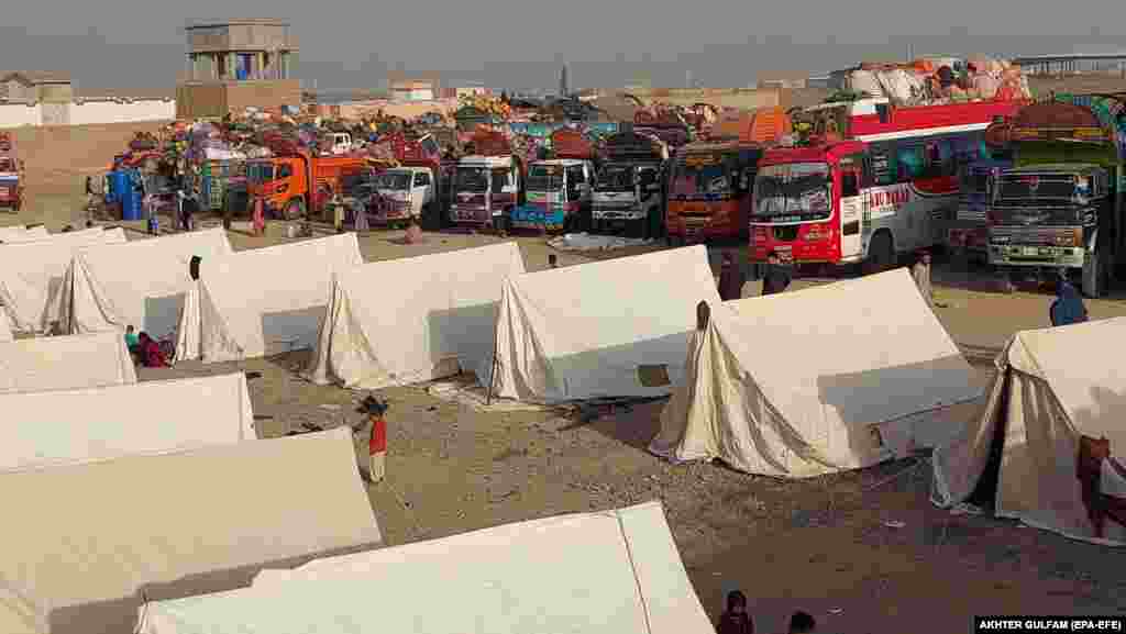 Transportation trucks and buses and Afghans wait at the holding camp near Chaman on November 1. As of November 2, officials said more than 165,000 Afghans have fled Pakistan, more than 1 million of whom are Afghan nationals who fled following the August 2021 seizure of power in Kabul by Taliban militants.