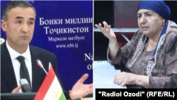 На фото: Фирдавс Толибзода, председатель Национального банка РТ, и Солехамо Самадова, вкладчица "Таджпромбанка" 
