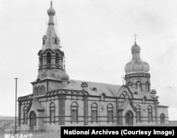 A Russian-built church seen by the expedition in "Sarikamish, Armenia," which today is a Turkish town. The church later had its spires removed and now serves as a mosque.