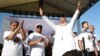 Armenia - Archbishop Bagrat Galstanian greets supporters rallying in Yerevan, May 9, 2024.