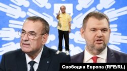 Колаж със снимки на съпредседателите на ДПС Джевдет Чакъров (вляво) и Делян Пеевски на фона на почетния председател Ахмед Доган