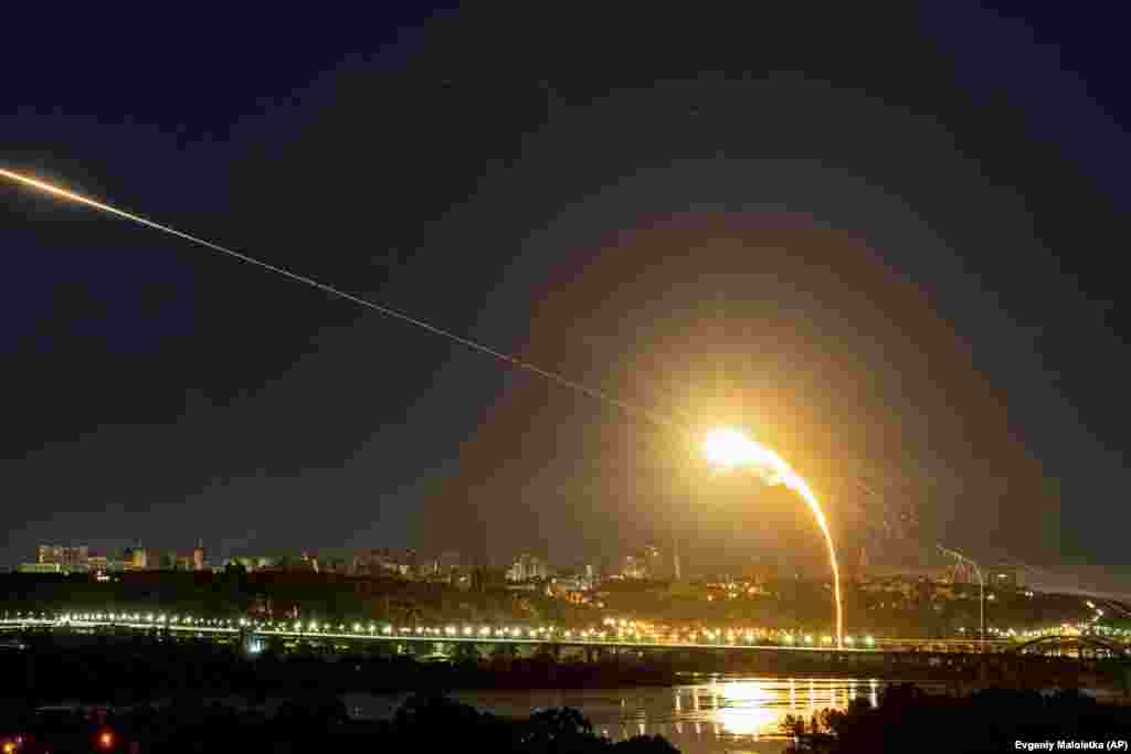 A drone is intercepted during the third Russian aerial attack on the capital in the last 24 hours. The mayor of Kyiv, Vitali Klitschko, said on Telegram that fires broke out in several districts of the capital, and falling debris set a high-rise building on fire in Kyiv's Holosiyivskiy district.
