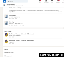 Educația și experiența lui Vasile Moraru, așa cum apar pe LinkedIn. A confirmat, pentru Europa Liberă, că și-a început studiile în 2002.