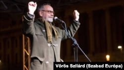 Gaspar Miklos Tamas speaks at a rally in 2018.