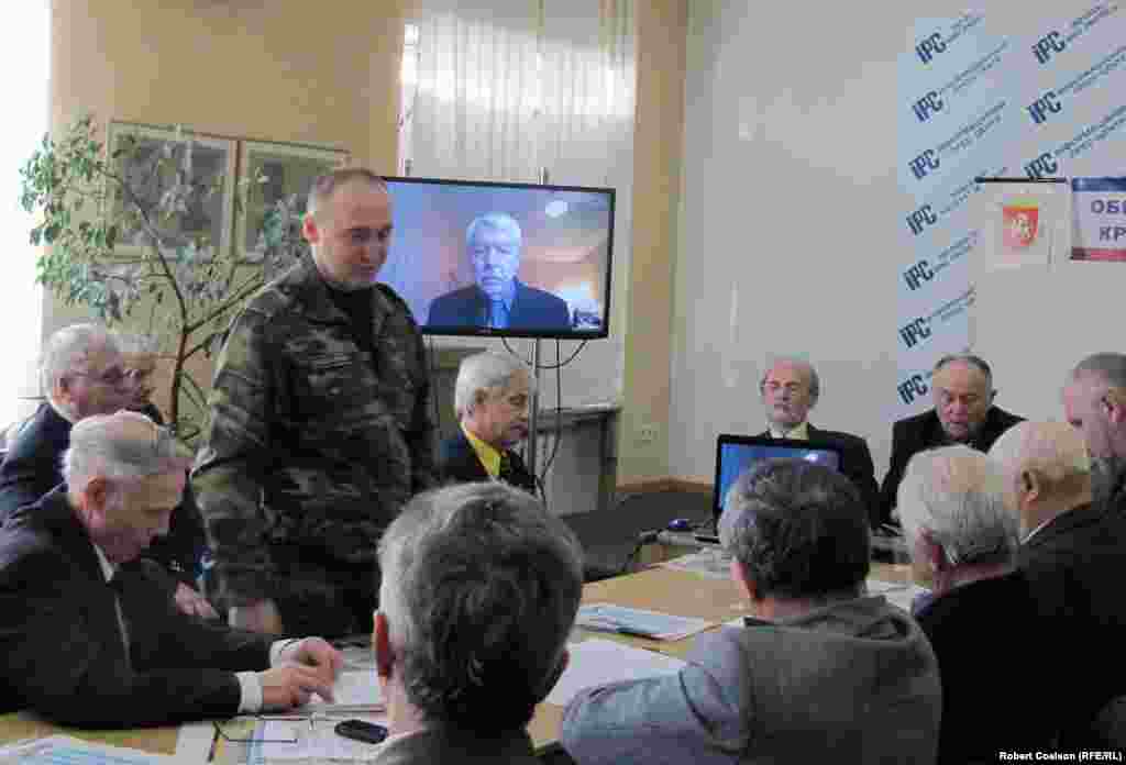 Exiled Crimean separatist Yury Meshkov adresses a meeting of pro-Russian separatists in Simferopol via Skype from Moscow. 