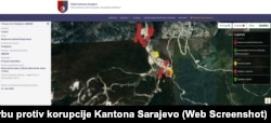 Karta lokacija na planini Bjelašnici, na kojima je šuma nezakonito posječena.