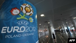 Ukraine's newly opened terminal at Boryspil International Airport in Kyiv decorated for the championship.