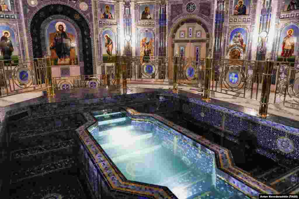 A pool in the cathedral that will be used for baptisms. The church was supposed to be paid for entirely through donations, but according to Russian reports some 2.95 billion rubles (about $40 million) came from the Kremlin's budget for the project.