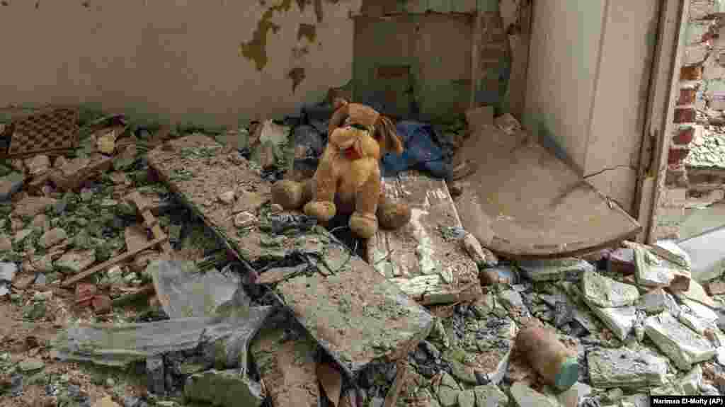 A child's toy in a ruined apartment in Chasiv Yar.