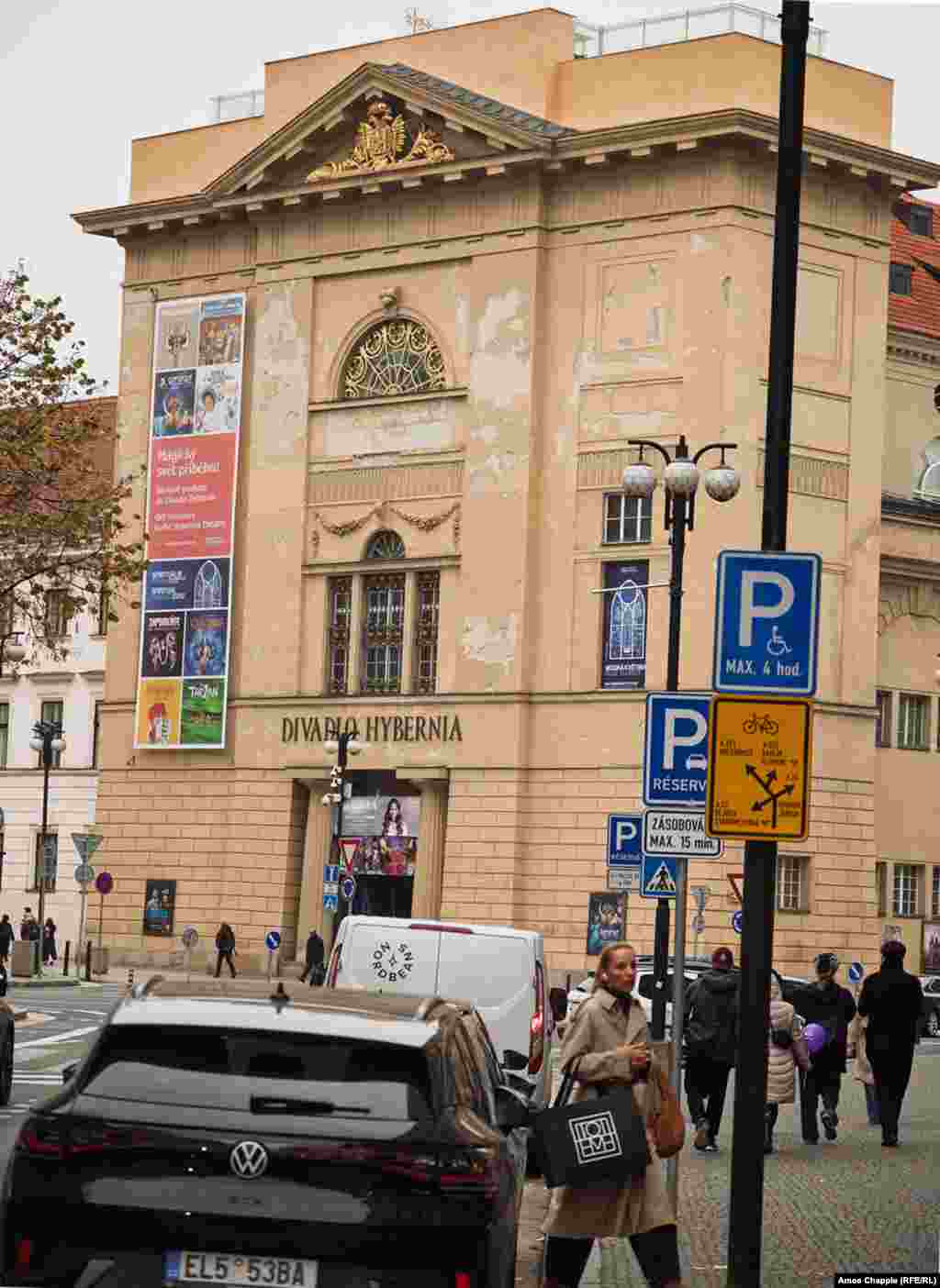 A 1975 photo shows a banner on the Hybernia Theater commemorating 30 years since the entry of Soviet troops into Prague during World War II. 