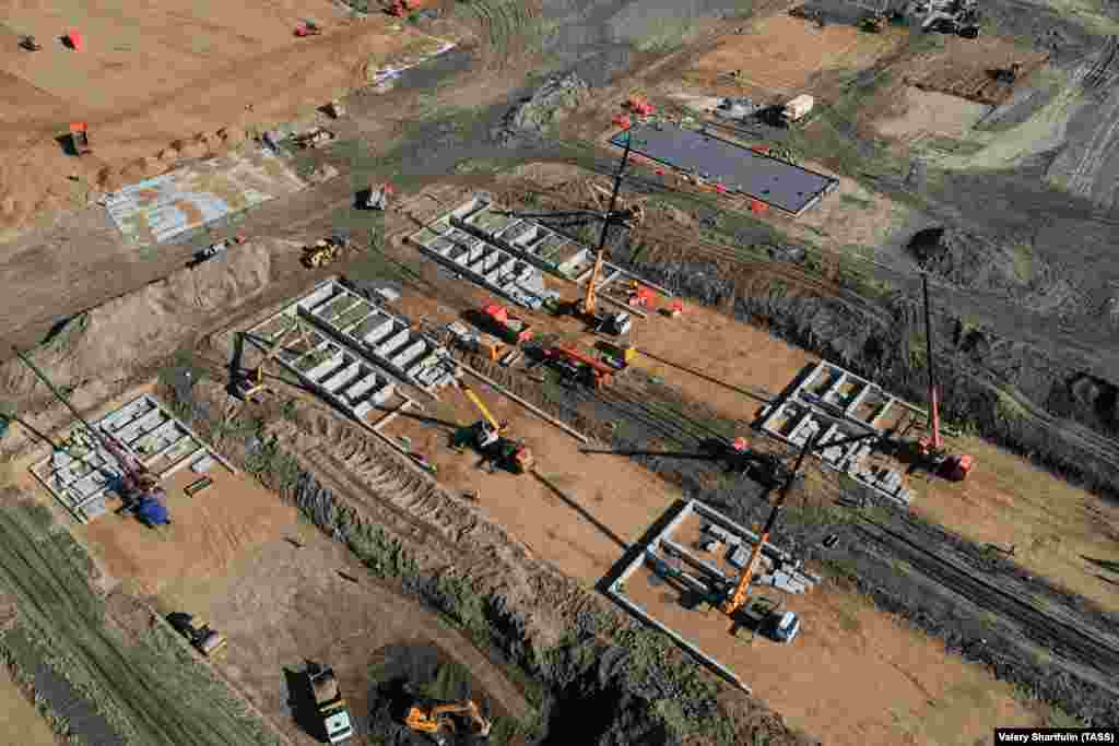 An aerial view of the construction site for a new infectious-diseases hospital for patients with a suspected novel coronavirus infection.