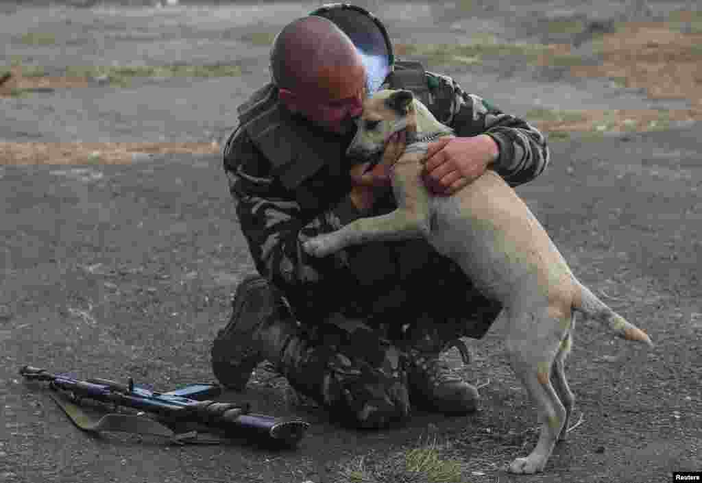 A Ukrainian serviceman hugs a dog at a checkpoint near the eastern Ukrainian town of Gorlovka in October 2014.