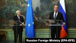 Šef evropske diplomatije Žozep Borel na konferenciji za novinare s ruskim ministrom spoljnih poslova Sergejem Lavrovim, Moskva, 5. februar, 2021.