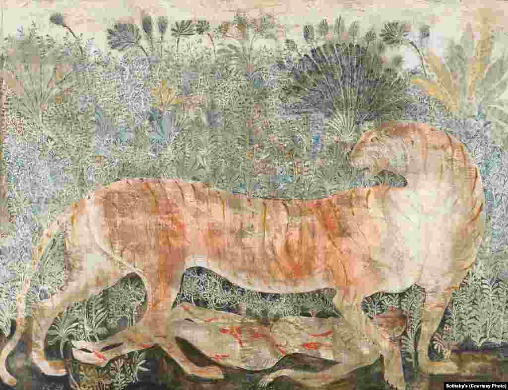 “Maneater of Kumaon,” a 2005 tempera painting by Georgia’s Merab Abramishvili (1957-2006). It is one of nearly 50 works by artists from the Caucasus and Central Asia featured in a special exhbition at Sotheby’s in London.
