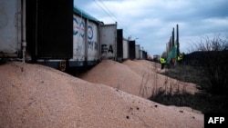 Police officers, customs officers, and railway workers stand next to piles of corn spilled from train cars in the Polish village of Kotomierz, near the Ukrainian border, on February 25.