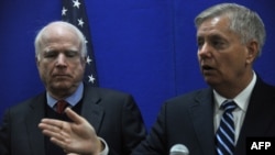 U.S. Senators John McCain (left) and Lindsey Graham were pushing for the United States to also supply Ukraine with defensive weapons and military training.