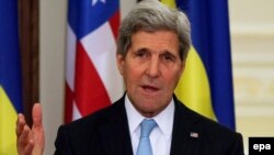 U.S. Secretary of State John Kerry speaks to the media following his meeting with Ukrainian President Petro Poroshenko in Kyiv. 