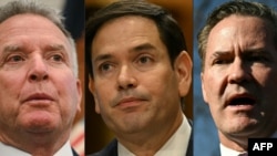 De la stânga la dreapta, emisarul special al SUA pentru Orientul Mijlociu, Steve Witkoff, secretarul de stat american, Marco Rubio, și consilierul pentru securitate națională al SUA, Mike Waltz