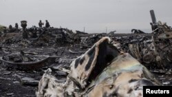 People talk near the remains of the fuselage of the downed Malaysia Airlines flight MH17 near the village of Hrabove in Ukraine.