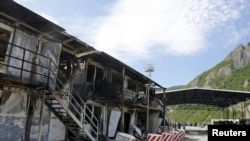 A burned-out Kosovo police border post, which was attacked by members of the region's Serbian minority last week.