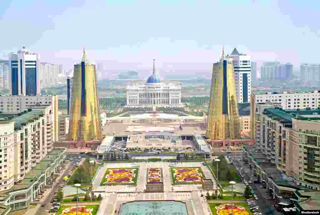 An overview of today's Astana with Kazakhstan's White House-like presidential palace in the center. 