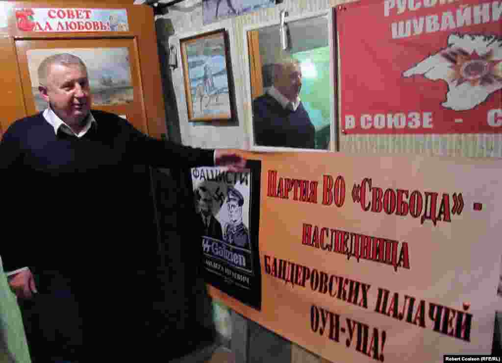 Crimean parliament deputy and Russian nationalist Sergei Shuvainikov in his office in Simferopol. 