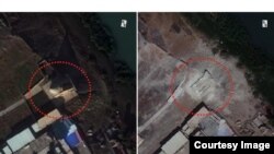 Satelitski snimak mauzoleja Al-Kasim u Mosulu prije i nakon uništavanja