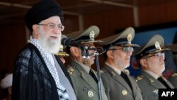 Iran's Supreme Leader Ayatollah Ali Khamenei delivering a speech on October 5 at the Military College of Tehran where he described the United States government as "untrustworthy."