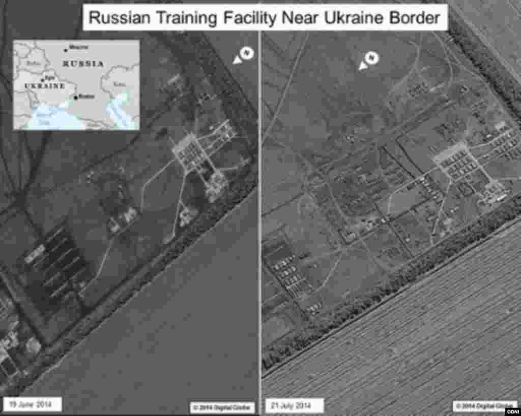 A side-by-side comparison of satellite images of a Russian military base near Rostov appears to show increased activity since June 2014. According to "The Washington Post," U.S. intelligence officials identified the base for the first time as the main source of Russian military support for separatists in Ukraine.