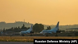 Russian Tu-22M3 bombers at the Russian-operated Khmeimim air base in western Syria (file photo)