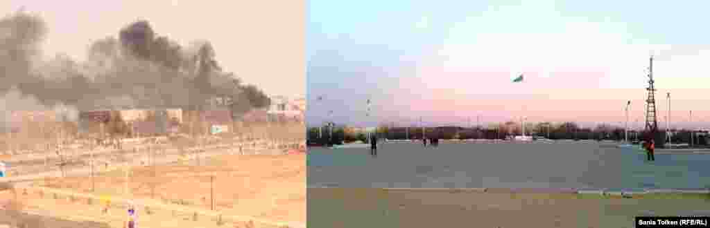 The video grab on the left shows smoke rising from a burning building on the day of the clashes, while a current photo shows a calm city square.