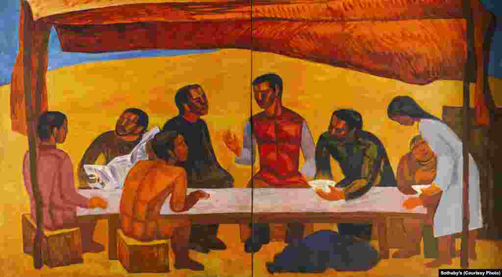 “On Virgin Soil, Lunchtime,” by Kazakh avant-garde artist Salikhitdin Aitbaev (1938-1994), from the late 1960s or early '70s. The emergence of national identity was first seen in Kazakh art in the 1960s, led by artists like Aitbaev.